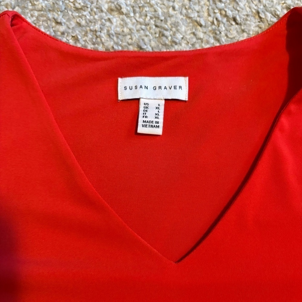 Susan Graver Vibrant Red Flared Sleeve Dress Bell Sleeve Large V-neck - Picture 4 of 5